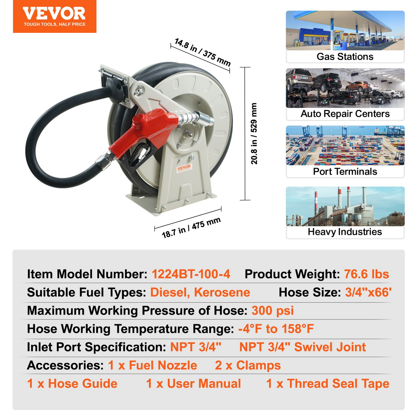 VEVOR Fuel Hose Reel, 3/4" x 66', Extra Long Retractable Diesel Hose Reel, Heavy-Duty Carbon Steel Construction with Automatic Fuel Nozzle, NBR Rubber Hose for Aircraft Ship Vehicle Tank Truck, 300PSI