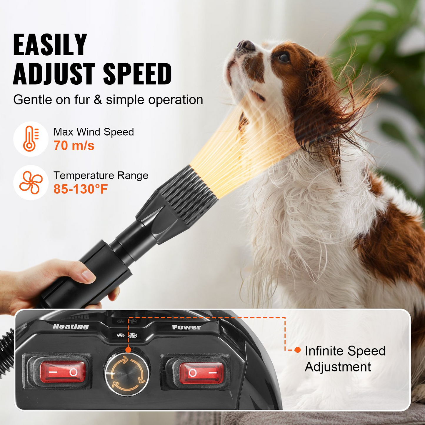 VEVOR Dog Dryer, 2800W/4.3HP Dog Blow Dryer, Pet Grooming Dryer with Adjustable Speed and Temperature Control, Pet Hair Dryer with 4 Nozzles and Extendable Hose, Black