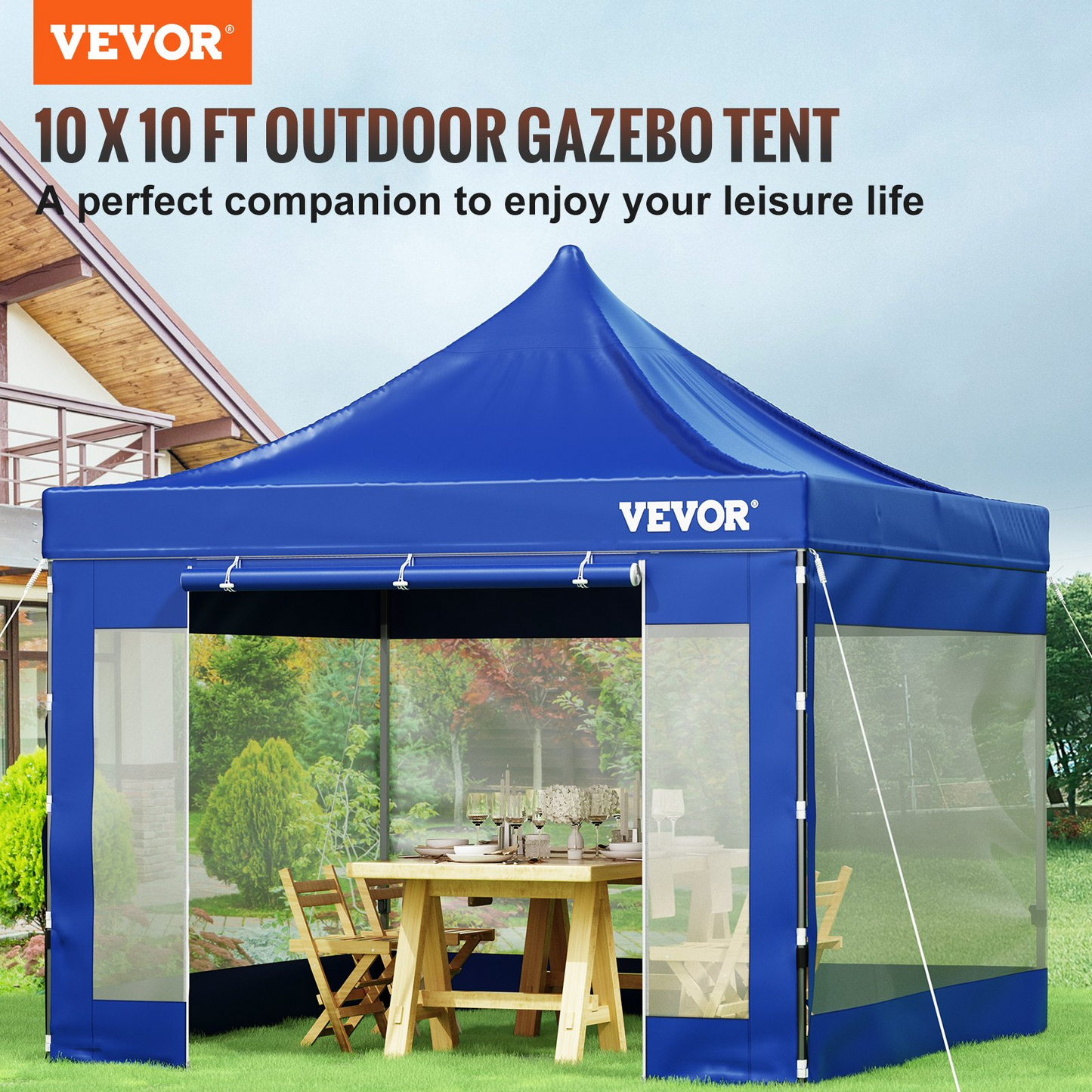 VEVOR Pop Up Canopy Tent, 10 x 10 FT, Outdoor Patio Gazebo Tent with Removable Sidewalls and Wheeled Bag, UV Resistant Waterproof Instant Gazebo Shelter for Party, Garden, Backyard, Blue