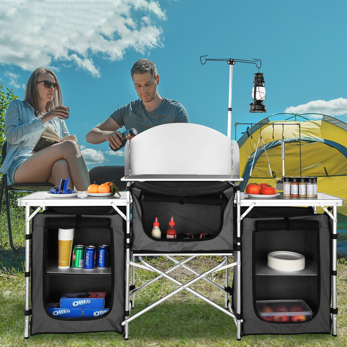 VEVOR Camping Kitchen Table, Folding Outdoor Cooking Table with Storage Carrying Bag, Aluminum Cook Station 3 Cupboard & Detachable Windscreen, Quick Set-up for Picnics, BBQ, RV Traveling, Black