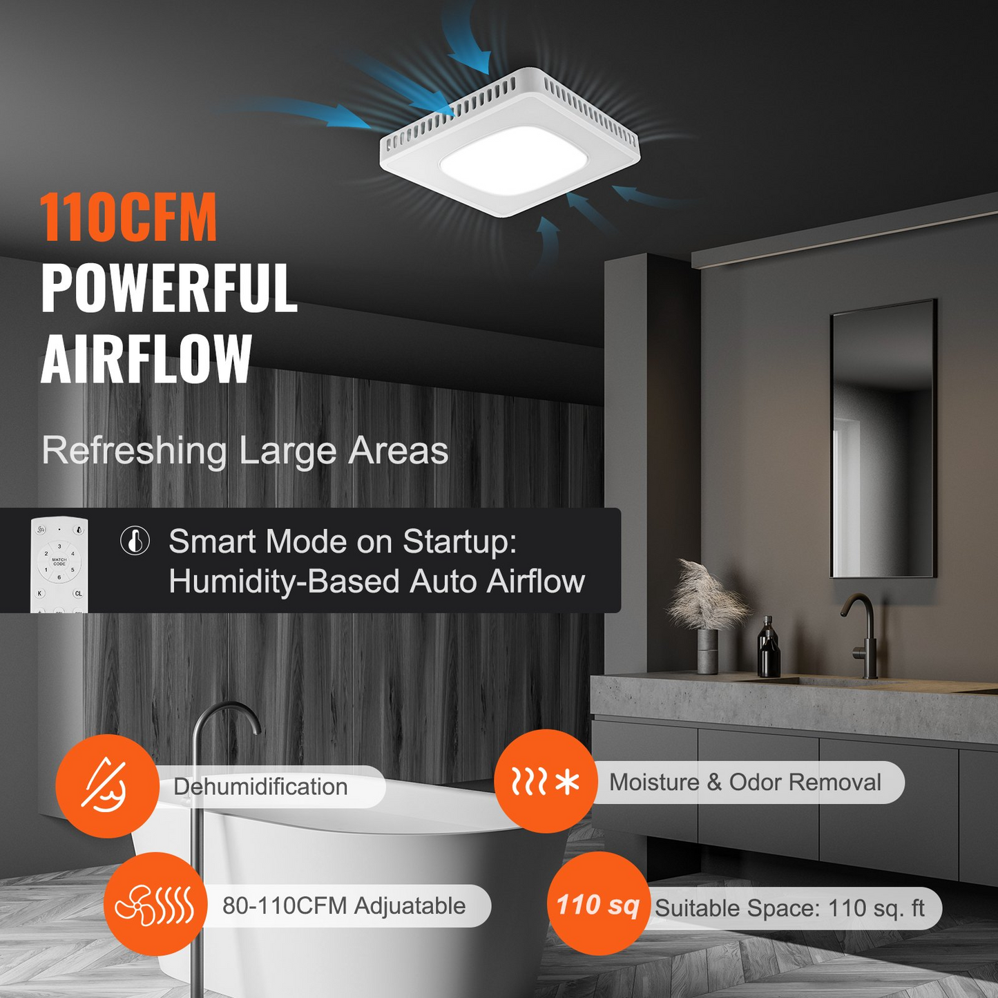 VEVOR Bathroom Exhaust Fan, 8 LED Colors, 110 CFM Efficiency Ventilation, 1.5sones Low Noise All-Copper Motor, Energy-Saving Bathroom Ceiling Fan, Need For Attic Access, For Various Ceilings