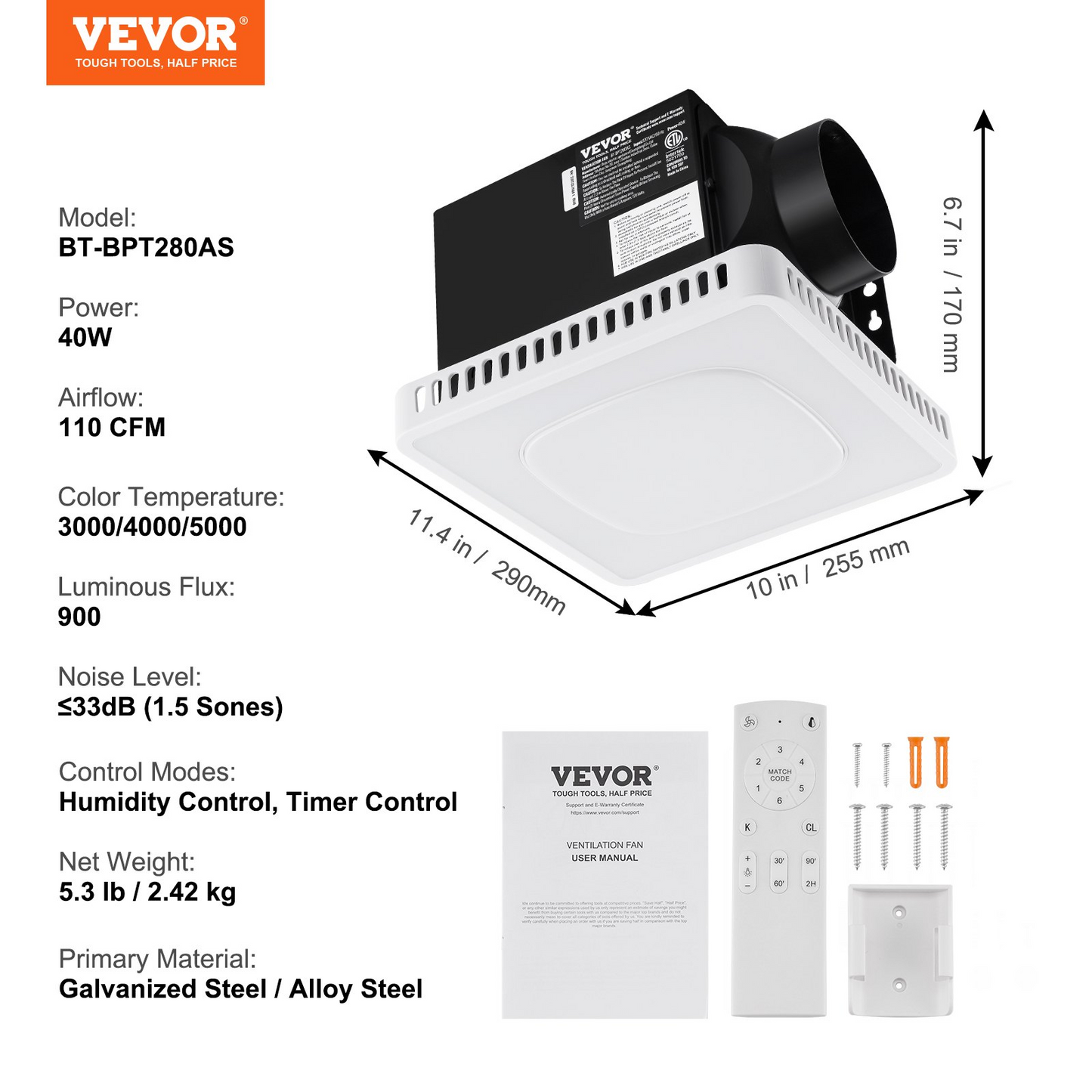 VEVOR Bathroom Exhaust Fan, 8 LED Colors, 110 CFM Efficiency Ventilation, 1.5sones Low Noise All-Copper Motor, Energy-Saving Bathroom Ceiling Fan, Need For Attic Access, For Various Ceilings