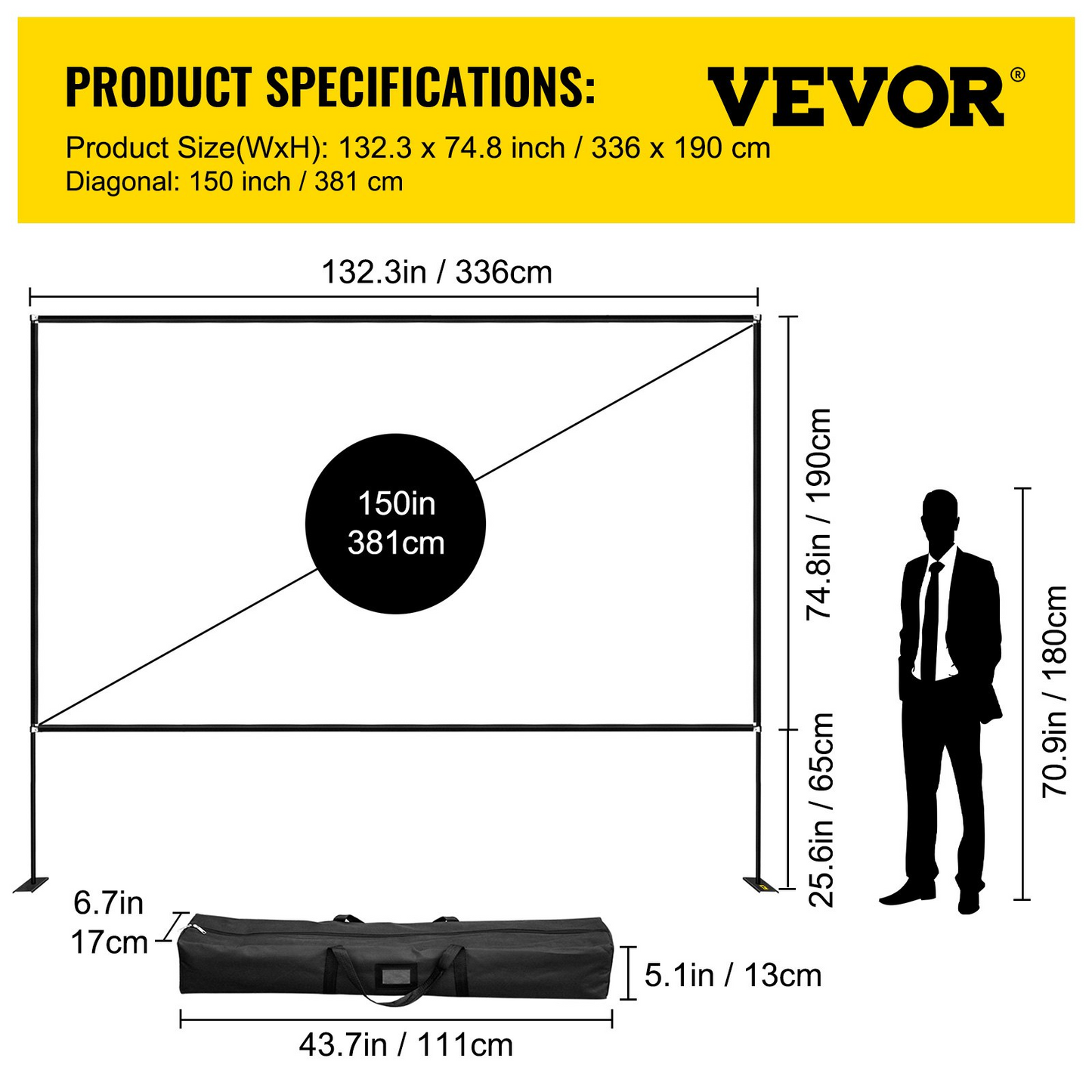 VEVOR Projector Screen with Stand 150inch Portable Movie Screen 16:9 4K HD Wide Angle Outdoor Projector Screen Stand Easy Assembly with Storage Bag for Home Theater Office Outdoor Use