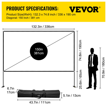 VEVOR 150-Inch Portable Projector Screen with Stand, Easy Assembly, Foldable