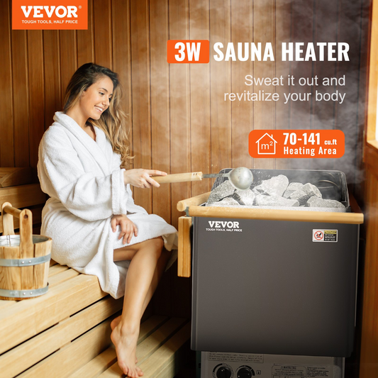 VEVOR Sauna Heater, 3KW 220V Electric Sauna Stove, Steam Bath Sauna Heater with Built-In Controls, 3h Timer and Adjustable Temp for Max. 70-141 Cubic Feet, Home Hotel Spa Shower Use, FCC Certification