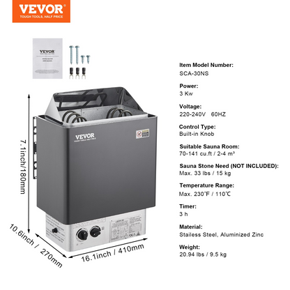 VEVOR Sauna Heater, 3KW 220V Electric Sauna Stove, Steam Bath Sauna Heater with Built-In Controls, 3h Timer and Adjustable Temp for Max. 70-141 Cubic Feet, Home Hotel Spa Shower Use, FCC Certification