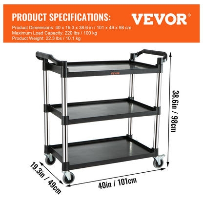 VEVOR Utility Service Cart with Wheels 3-Tier Food Service Cart 220lbs Capacity