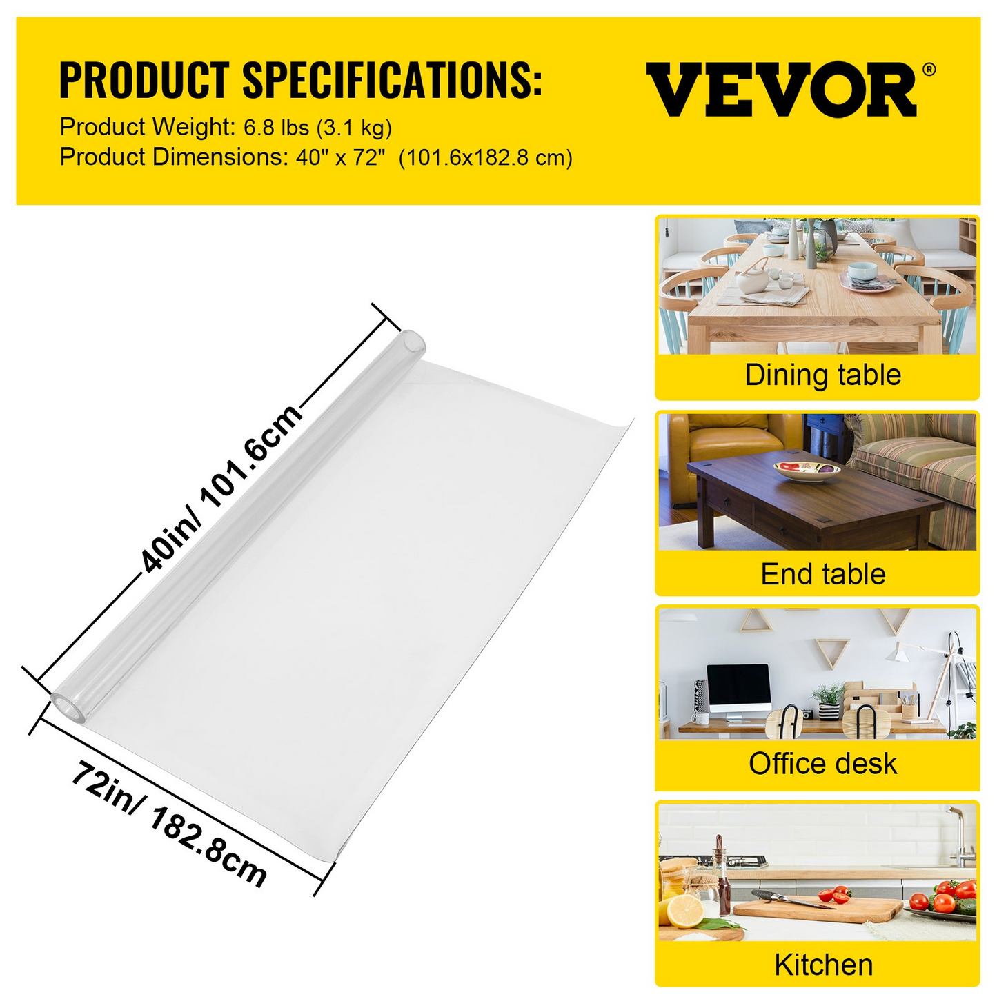 VEVOR Plastic Table Cover 40 x 72 Inch, 1.5 mm Thick Clear Table Protector, Rectangle Clear Desk Mat, Waterproof & Easy Cleaning for Office Dresser Night Stand