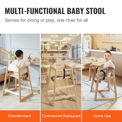 VEVOR Wooden High Chair for Babies & Toddlers, Double Solid Wood Feeding Chair, Eat & Grow Portable High Chair, Easy to Clean Baby Booster Seat, Compact Toddler Chair, Natural