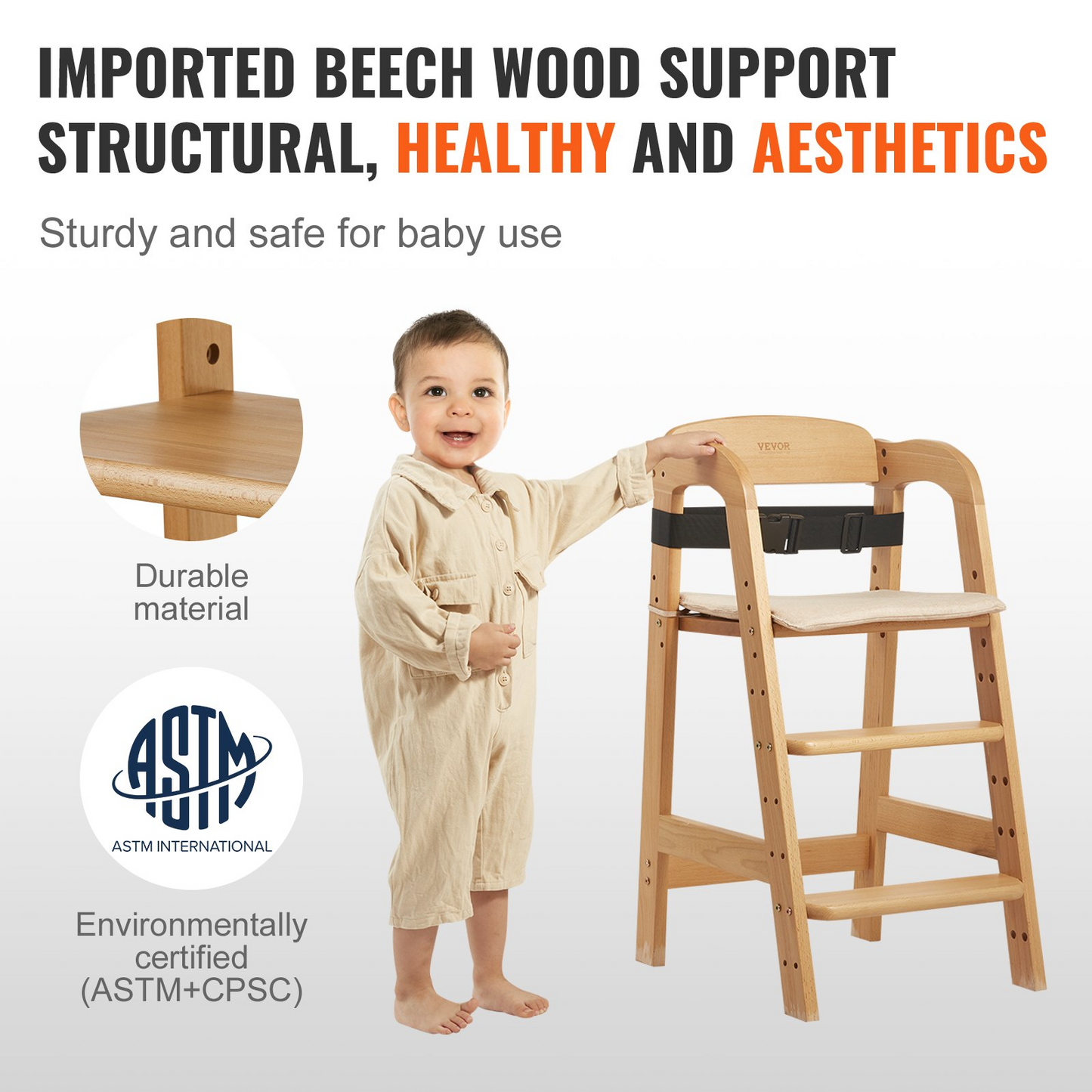 VEVOR Wooden High Chair for Babies & Toddlers, Convertible Adjustable Feeding Chair, Eat & Grow High Chair with Seat Cushion, Portable Baby Dining Booster Seat, Beech Wood Toddler Chair, Natural