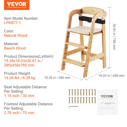 VEVOR Wooden High Chair for Babies & Toddlers, Convertible Adjustable Feeding Chair, Eat & Grow High Chair with Seat Cushion, Portable Baby Dining Booster Seat, Beech Wood Toddler Chair, Natural