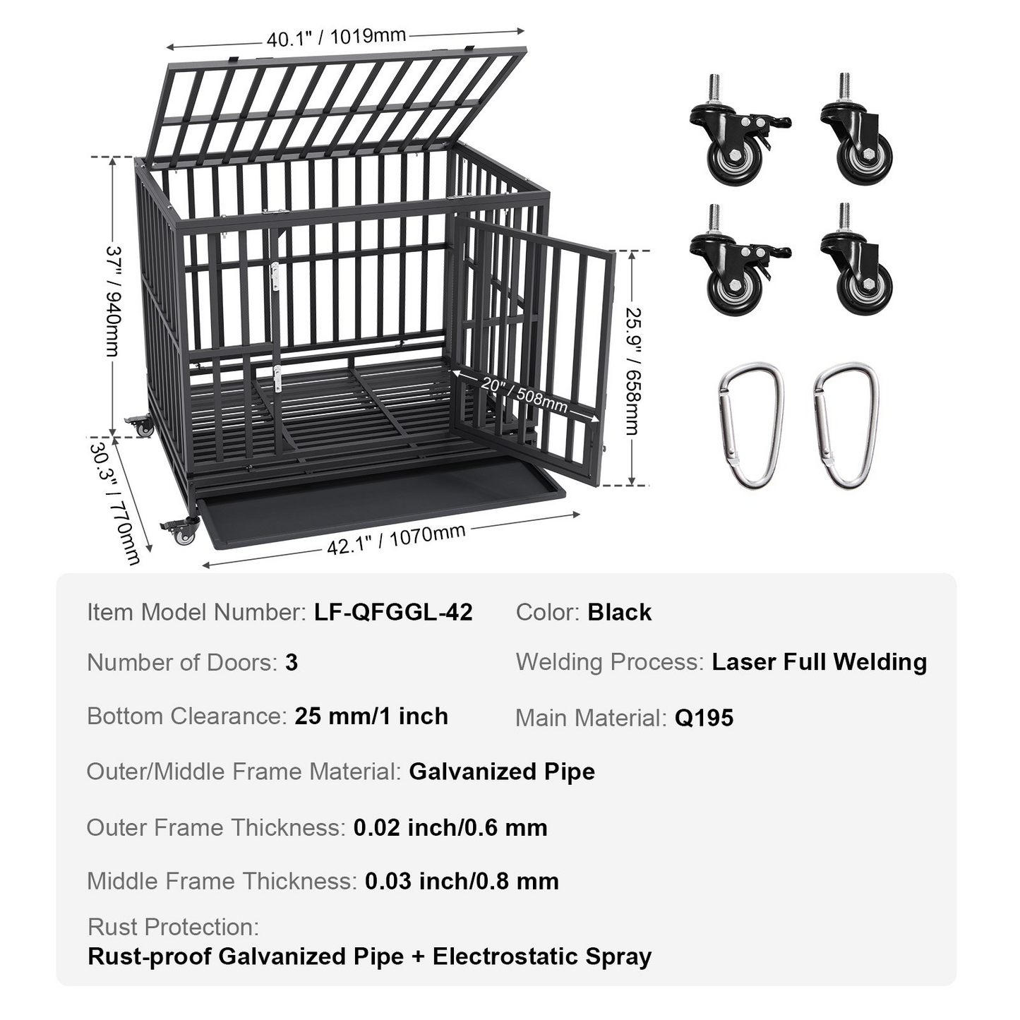 VEVOR 42" Heavy Duty Dog Crate with Wheels & Tray