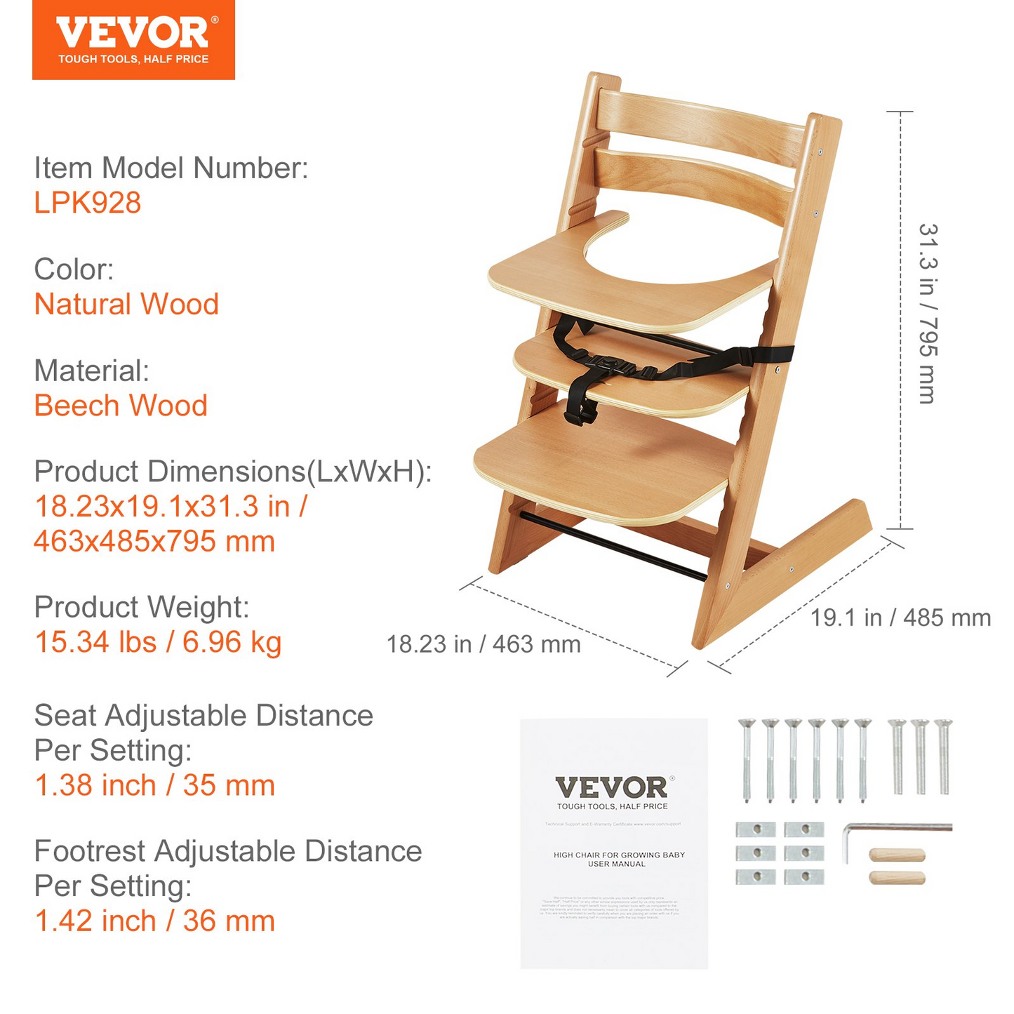 VEVOR Wooden High Chair for Babies & Toddlers, Convertible Adjustable Feeding Chair, Eat & Grow High Chair with Tray, Grow with Kid Portable Baby Dining Booster Seat, Beech Wood Toddler Chair, Natural