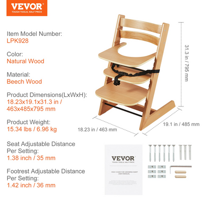 VEVOR Wooden High Chair for Babies & Toddlers, Convertible Adjustable Feeding Chair, Eat & Grow High Chair with Tray, Grow with Kid Portable Baby Dining Booster Seat, Beech Wood Toddler Chair, Natural