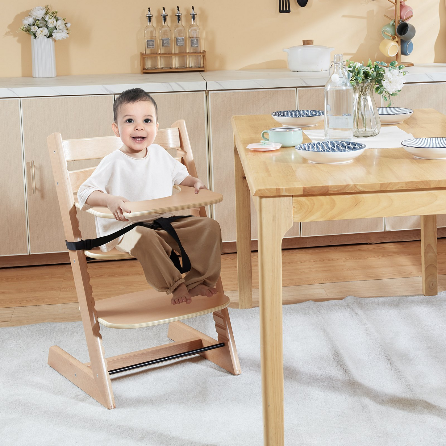 VEVOR Wooden High Chair for Babies & Toddlers, Convertible Adjustable Feeding Chair, Eat & Grow High Chair with Tray, Grow with Kid Portable Baby Dining Booster Seat, Beech Wood Toddler Chair, Natural