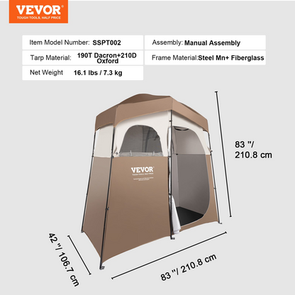 VEVOR Camping Shower Tent, 83" x 42" x 83" 2 Rooms Oversize Outdoor Portable Shelter, Privacy Tent with Detachable Top, Pockets, Hanging Rope and Clothesline, for Dressing, Changing, Toilet, Bathroom