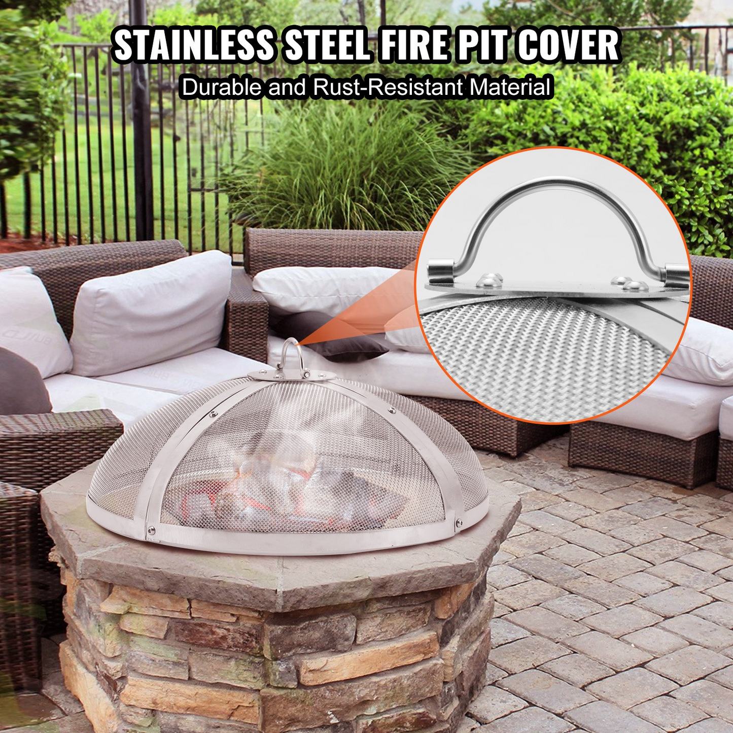 VEVOR Fire Pit Spark Screen Round 40", Reinforced Heavy Duty Steel Metal Cover