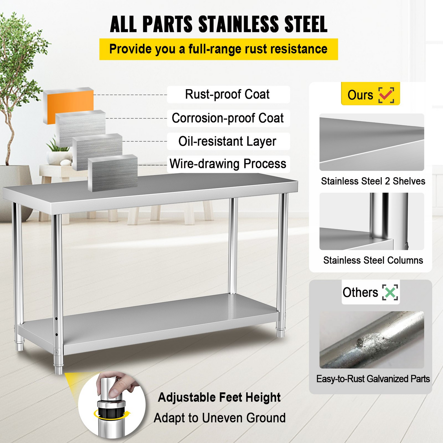 VEVOR Stainless Steel Prep Table, 48 x 30 x 34 Inch, 550lbs Load Capacity Heavy Duty Metal Worktable with Adjustable Undershelf, Commercial Workstation for Kitchen Restaurant Garage Backyard