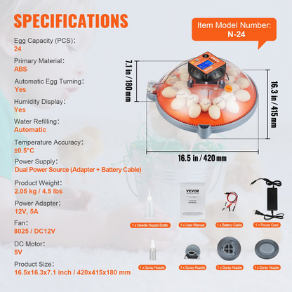 VEVOR Egg Incubator, Incubators for Hatching Eggs, Automatic Egg Turner with Temperature and Humidity Control, 24 Eggs Poultry Hatcher with ABS Transparent Shell for Chicken, Duck, Quail