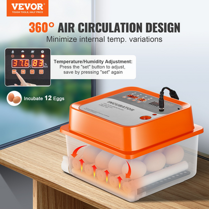 VEVOR Egg Incubator, Incubators for Hatching Eggs, Automatic Egg Turner with with Temperature and Humidity Control, 12 Eggs Poultry Hatcher with ABS Transparent Shell for Chicken, Duck, Quail