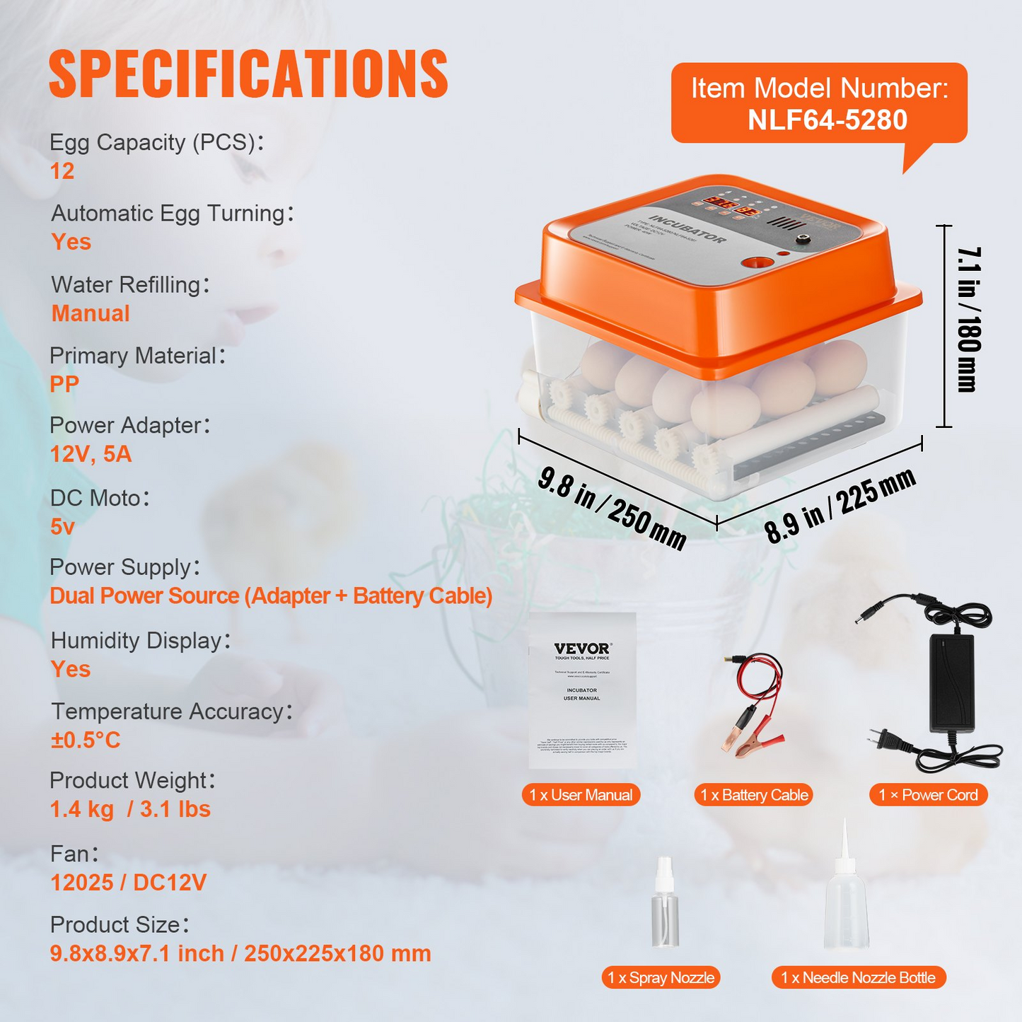 VEVOR Egg Incubator, Incubators for Hatching Eggs, Automatic Egg Turner with with Temperature and Humidity Control, 12 Eggs Poultry Hatcher with ABS Transparent Shell for Chicken, Duck, Quail