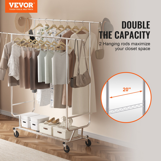 VEVOR Heavy Duty Clothes Rack, Double Hanging Rod Clothing Garment Rack for Hanging Clothes, Adjustable Height and Extendable Length Clothing Rack with Bottom Storage Area, 600 lbs Load Capacity