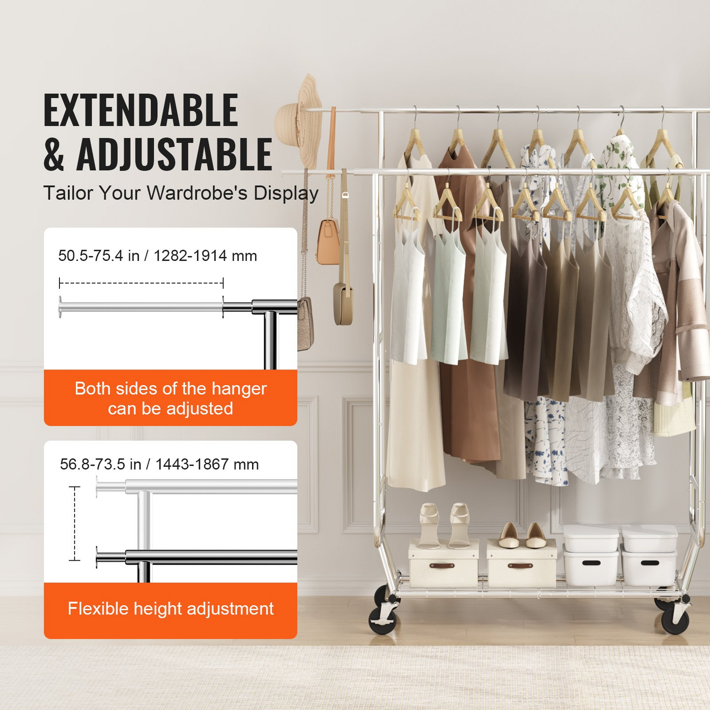 VEVOR Heavy Duty Clothes Rack, Double Hanging Rod Clothing Garment Rack for Hanging Clothes, Adjustable Height and Extendable Length Clothing Rack with Bottom Storage Area, 600 lbs Load Capacity