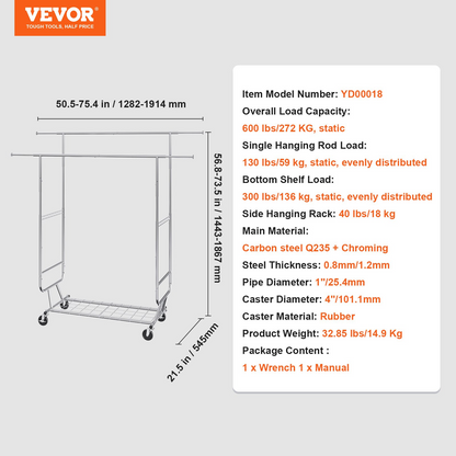 VEVOR Heavy Duty Clothes Rack, Double Hanging Rod Clothing Garment Rack for Hanging Clothes, Adjustable Height and Extendable Length Clothing Rack with Bottom Storage Area, 600 lbs Load Capacity