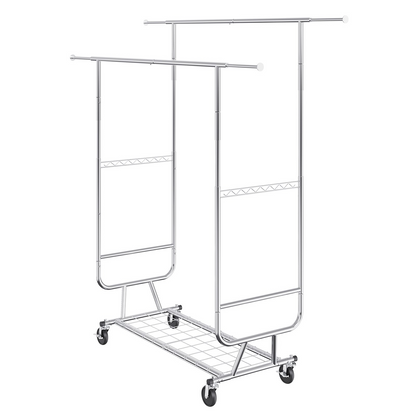 VEVOR Heavy Duty Clothes Rack, Double Hanging Rod Clothing Garment Rack for Hanging Clothes, Adjustable Height and Extendable Length Clothing Rack with Bottom Storage Area, 600 lbs Load Capacity