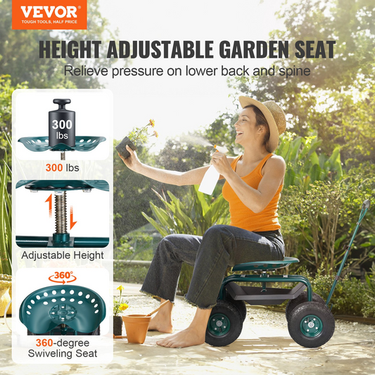 VEVOR Rolling Garden Cart with Swivel Seat - Green Gardening Stool & Scooter