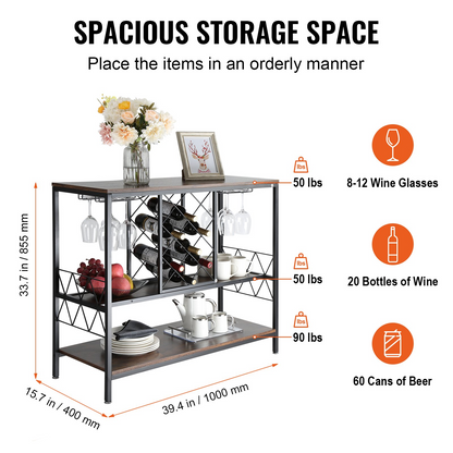 VEVOR Industrial Bar Cabinet Wine Bar Home Table with Wine Rack & Glass Holder