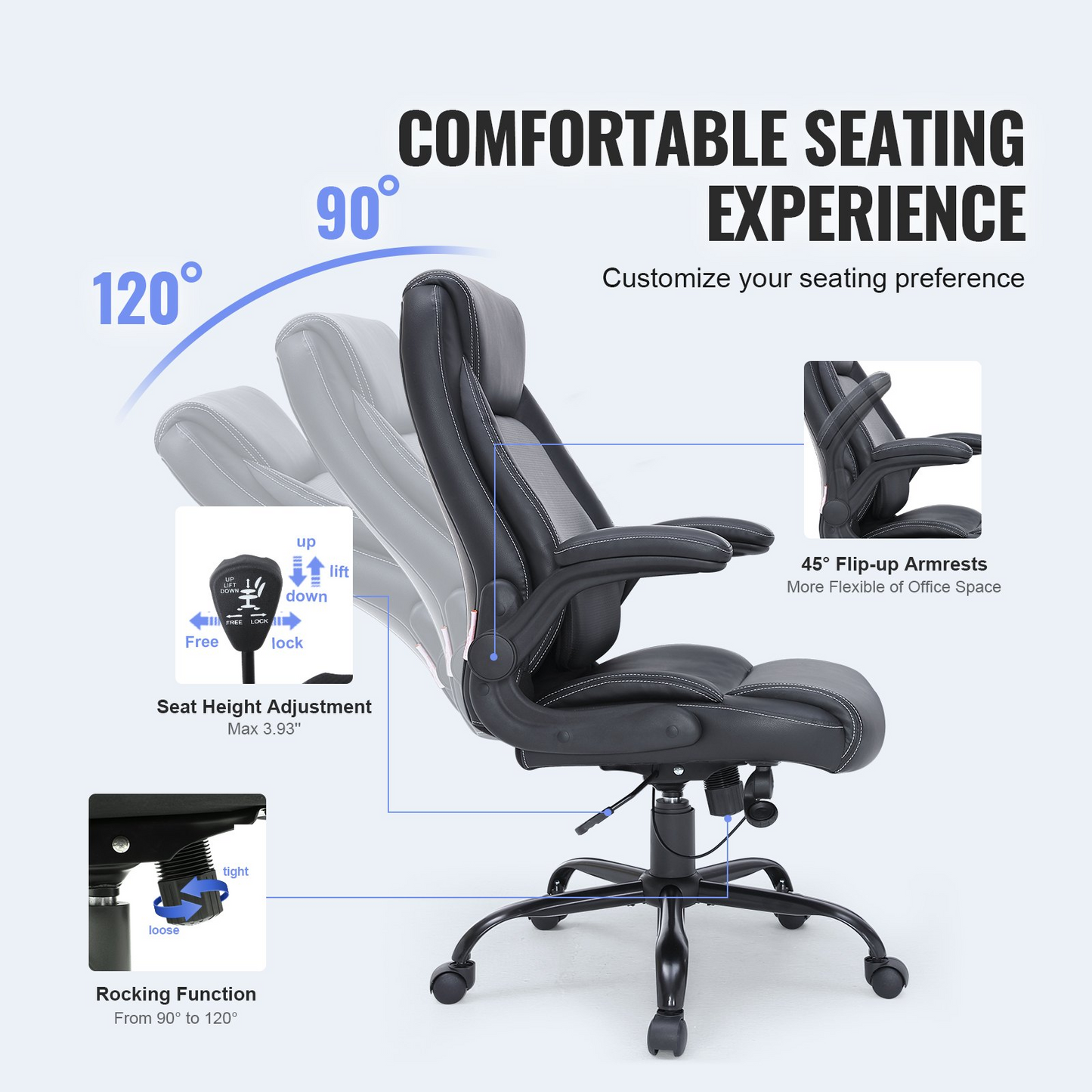 VEVOR Executive Office Chair - Ergonomic PU Leather with Adjustable Lumbar