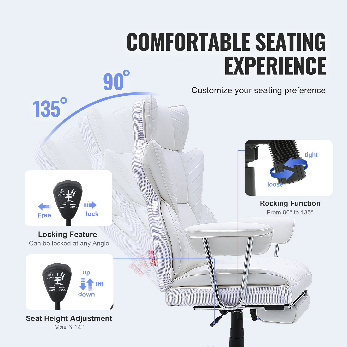 VEVOR Reclining Office Chair with Footrest - Heavy Duty PU Leather, White