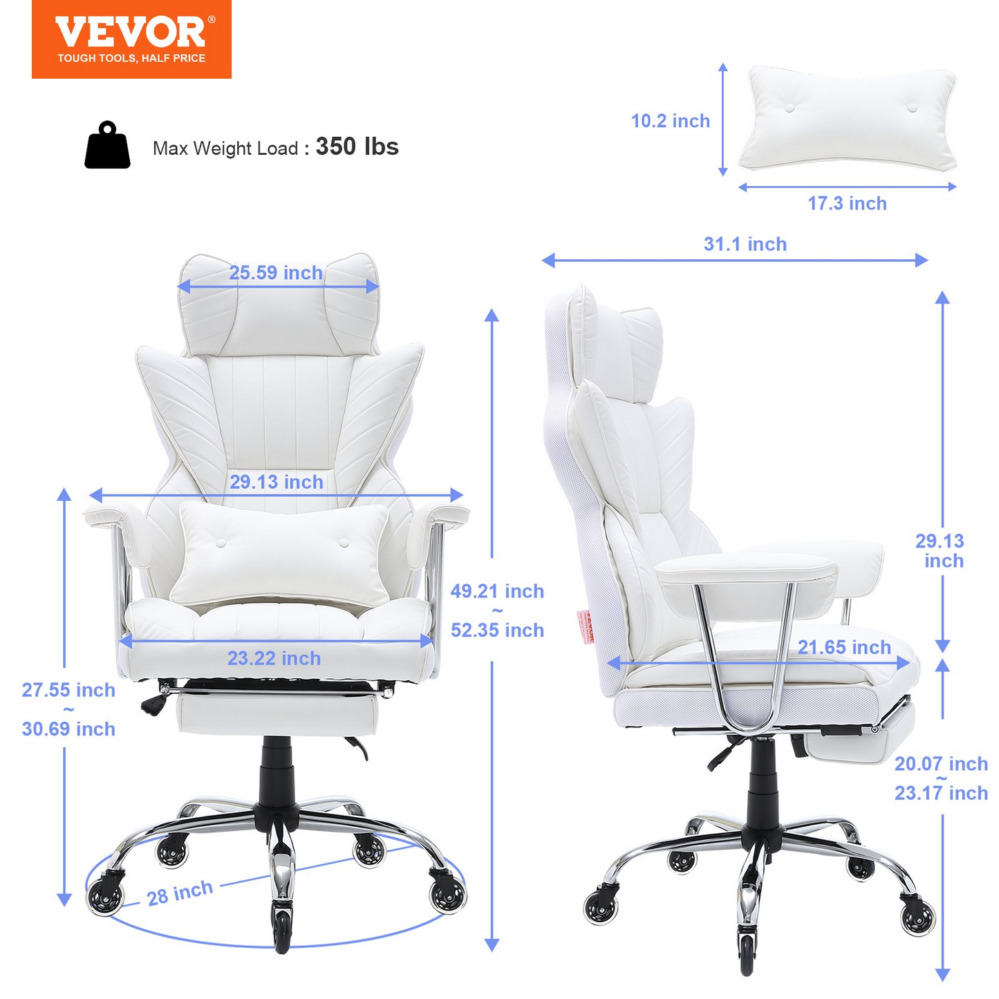 VEVOR Reclining Office Chair with Footrest - Heavy Duty PU Leather, White