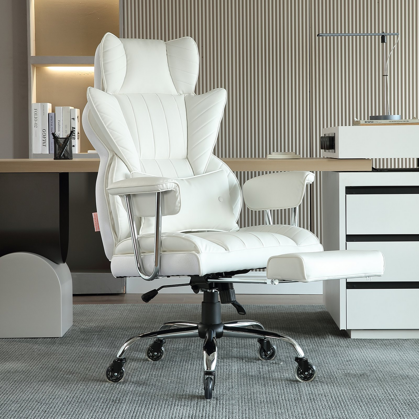 VEVOR Reclining Office Chair with Footrest - Heavy Duty PU Leather, White