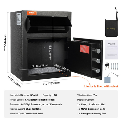 VEVOR 1.7 Cub Depository Safe, Deposit Safe with Drop Slot, Electronic Code Lock and 2 Emergency Keys, 17.71'' x 13.77'' x 13.77'' Business Drop Slot Safe for Cash, Mail in Home, Hotel, Office