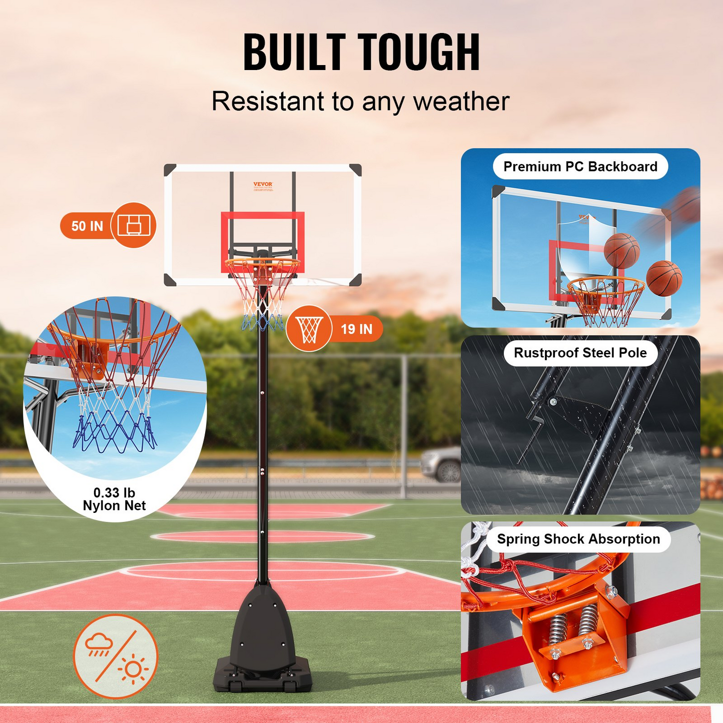 VEVOR Basketball Hoop, 7.6-10 ft Adjustable Height Portable Backboard System, 50 inch Basketball Hoop & Goal, Kids & Adults Basketball Set with Wheels, Stand, and Fillable Base, for Outdoor/Indoor