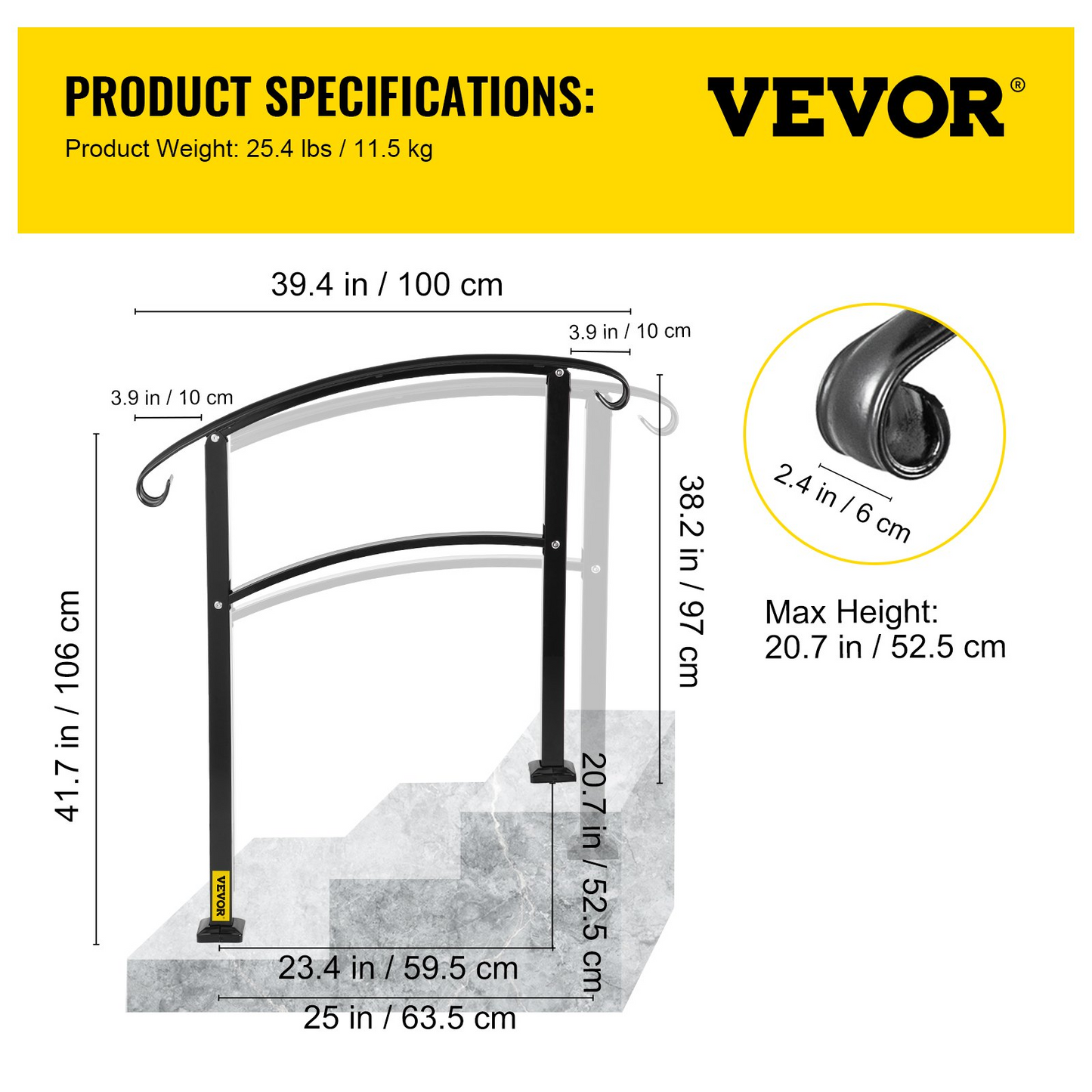 VEVOR 3-Step Transitional Handrail Fits 1 or 3 Steps Matte Stair Rail Wrought Iron Handrail with Installation Kit Hand Rails for Outdoor Steps (Unadjustable) (Black)