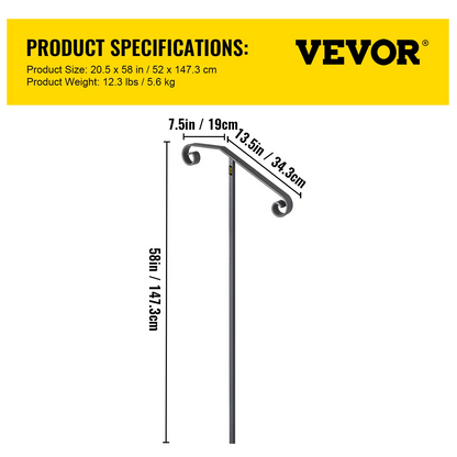 VEVOR Gray Wrought Iron Handrail - Single Post for 1-2 Steps