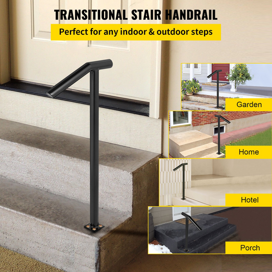 VEVOR Single Post 1-2, Black Steel Railing 441LBS Capacity Baking Varnish Iron Stairs Stylish Handrails for Outdoor Steps with Expansion Bolts & Drill Bit