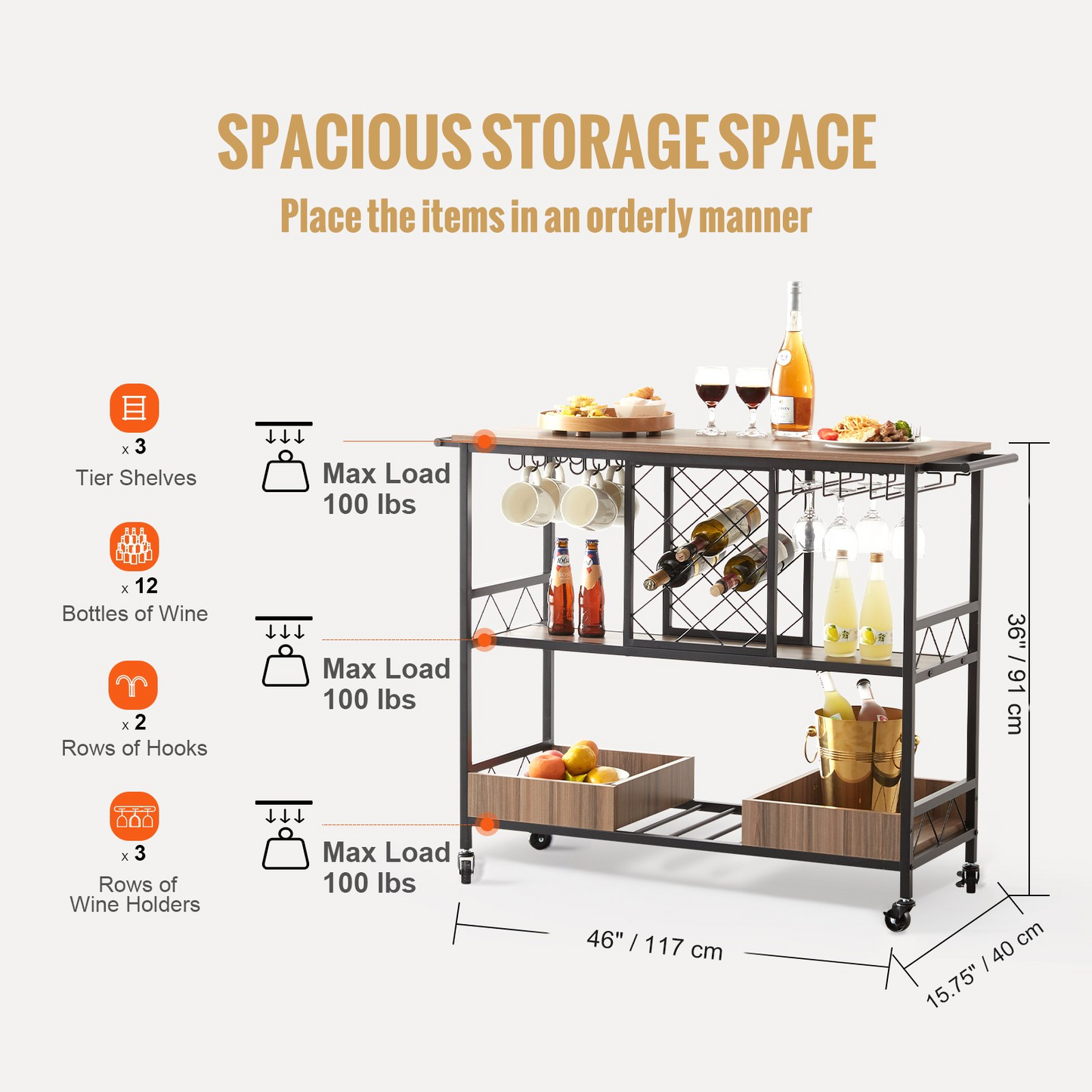 VEVOR 3-Tier Bar Serving Cart Rolling Trolley with Wine Grid Glass Holder 300LBS