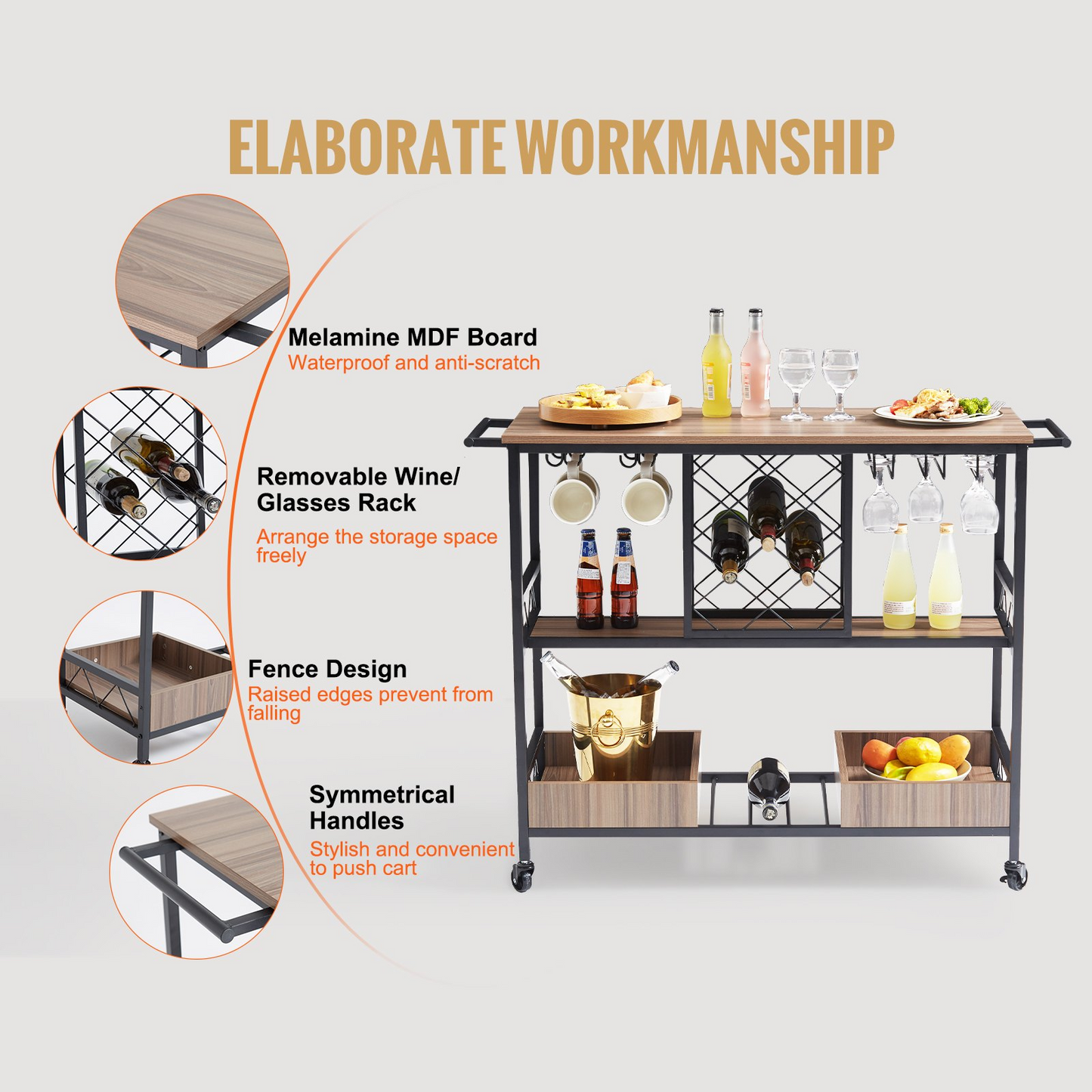 VEVOR 3-Tier Bar Serving Cart Rolling Trolley with Wine Grid Glass Holder 300LBS