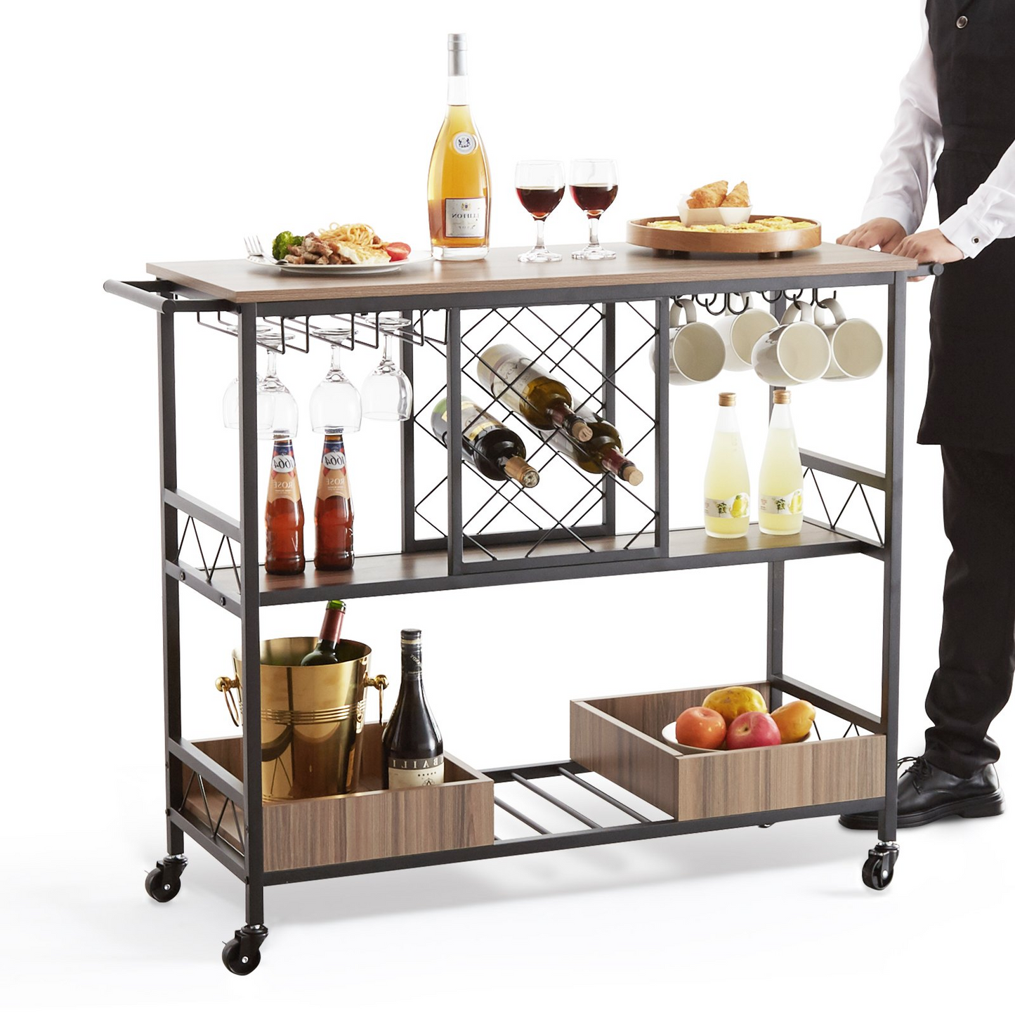 VEVOR 3-Tier Bar Serving Cart Rolling Trolley with Wine Grid Glass Holder 300LBS