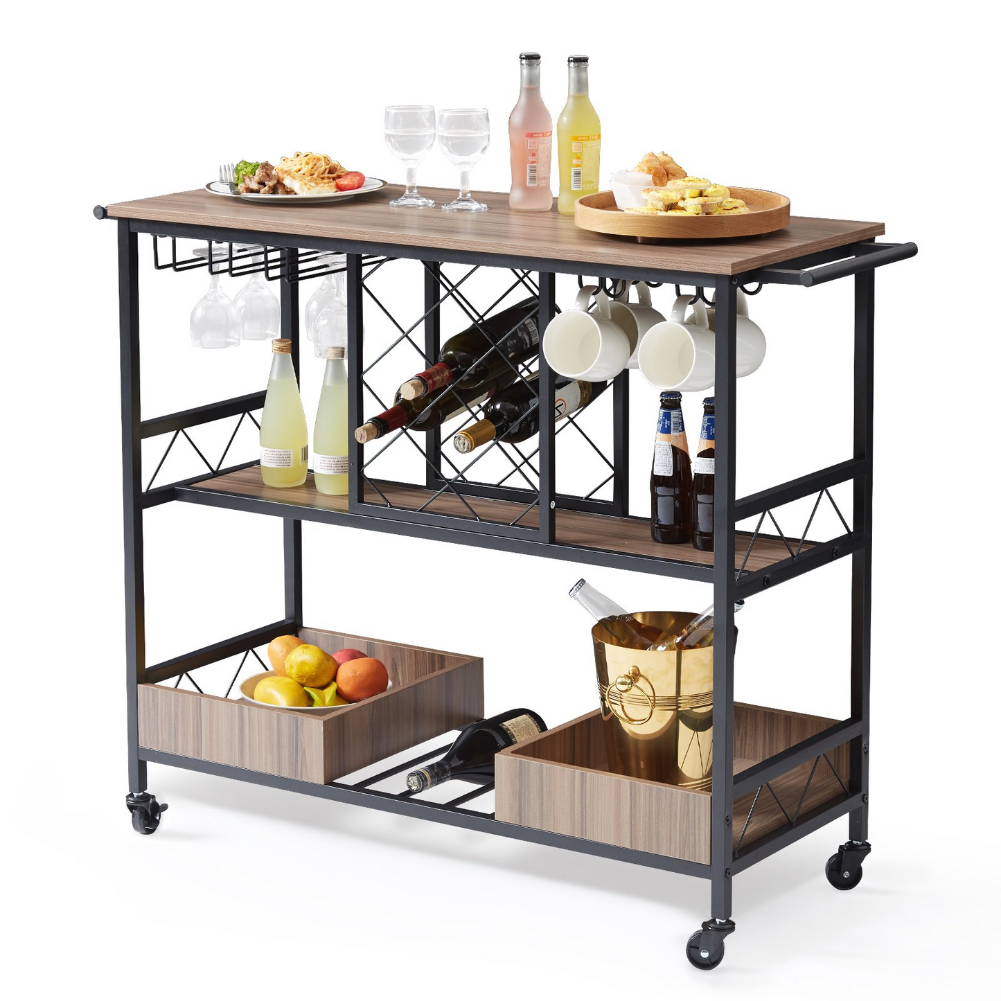 VEVOR 3-Tier Bar Serving Cart Rolling Trolley with Wine Grid Glass Holder 300LBS