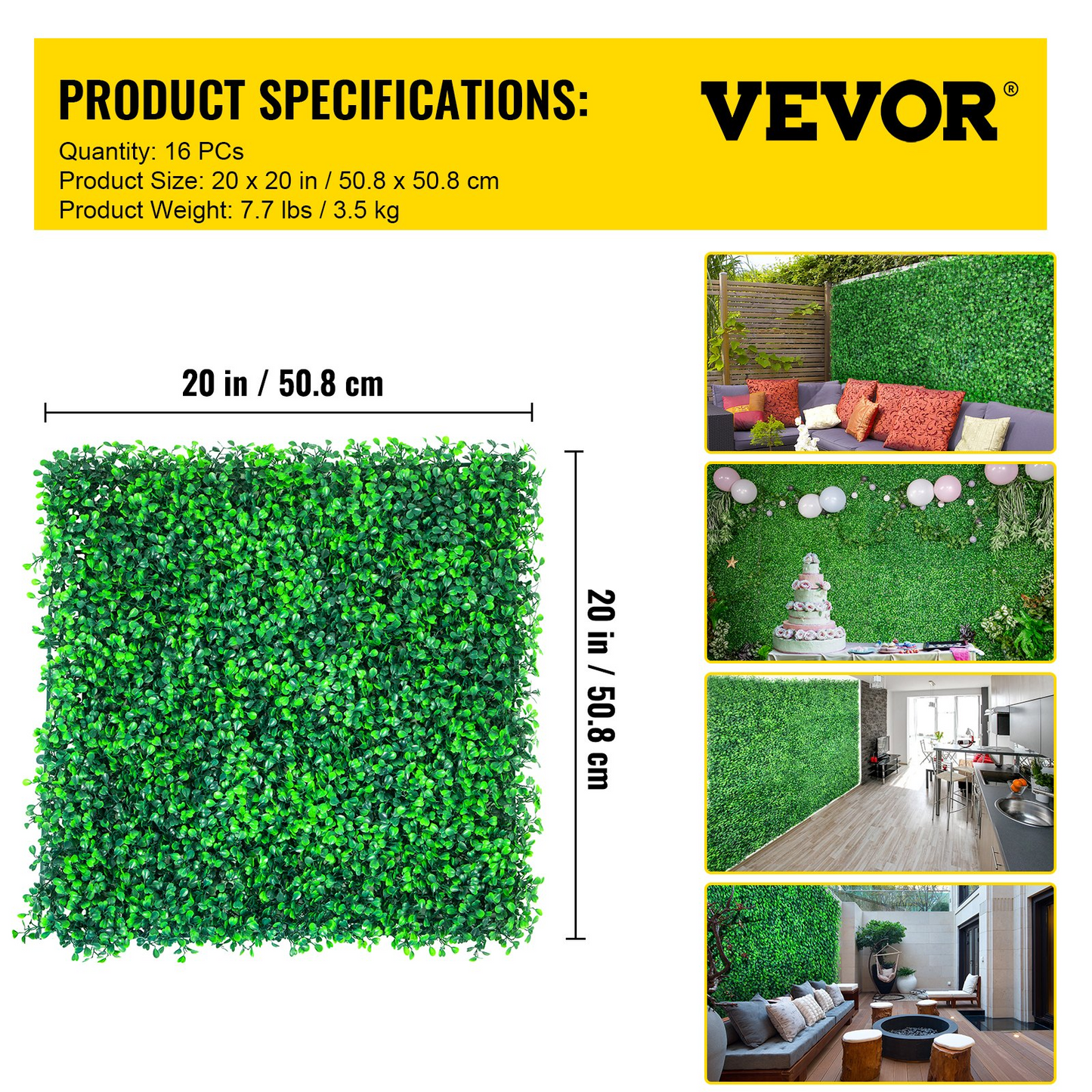 VEVOR Artificial Boxwood Panels, 16 PCS 20"x20" Boxwood Hedge Wall Panels, PE Artificial Grass Backdrop Wall 1.6", Privacy Hedge Screen for Decoration of Outdoor, Indoor, Garden, Fence, and Backyard