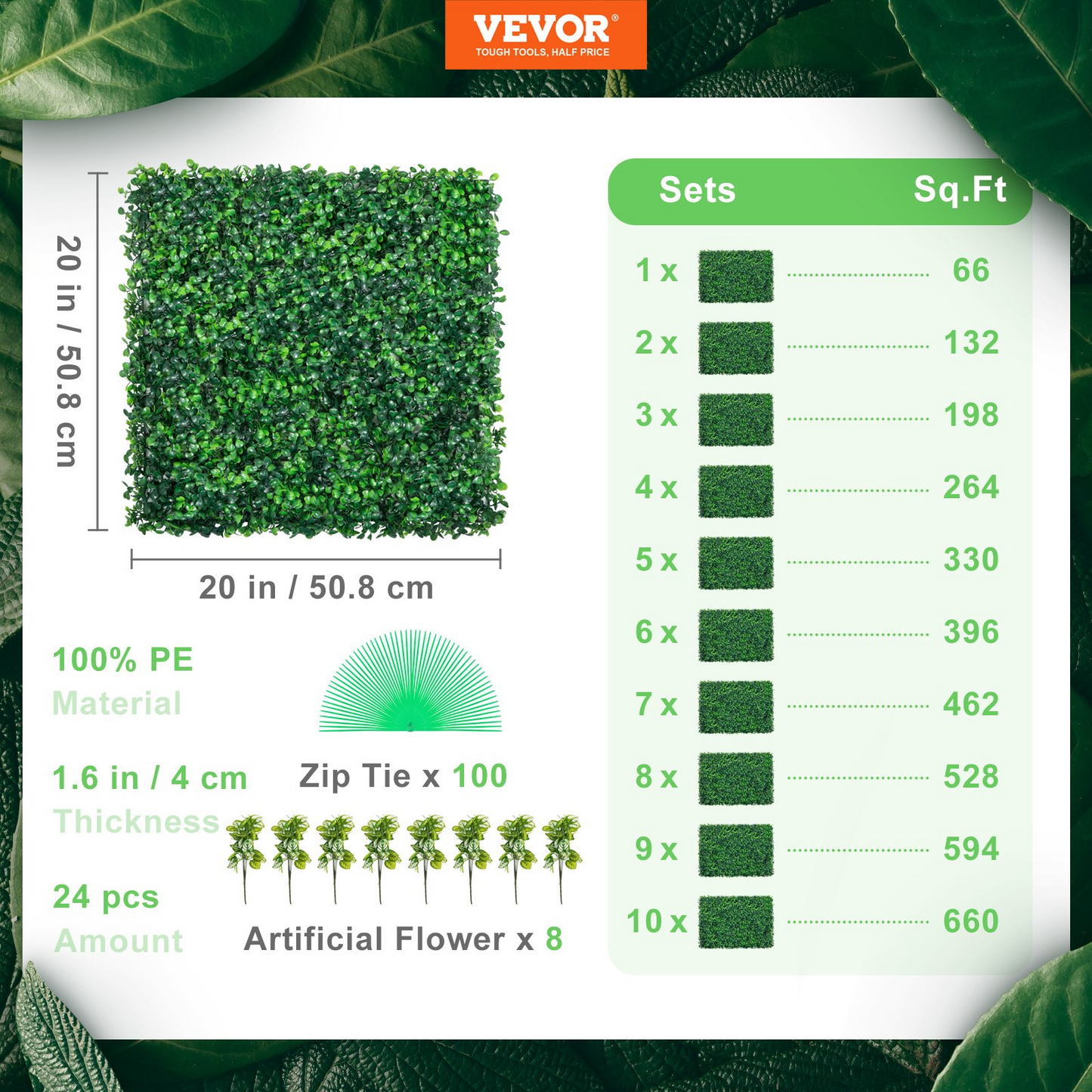 VEVOR Artificial Boxwood Panel UV 24pcs Boxwood Hedge Wall Panels Artificial Grass Backdrop Wall 20" X 20" 4 cm Green Grass Wall Fake Hedge for Decor Privacy Fence Indoor Outdoor Garden Backyard