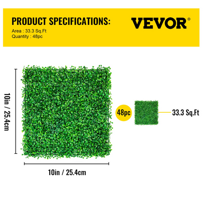 VEVOR Artificial Boxwood Panel UV 48pcs Boxwood Hedge Wall Panels Artificial Grass Backdrop Wall 10X10" 4cm Green Grass Wall Fake Hedge for Decor Privacy Fence Indoor Outdoor Garden Backyard