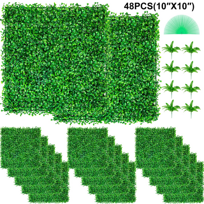 VEVOR Artificial Boxwood Panel UV 48pcs Boxwood Hedge Wall Panels Artificial Grass Backdrop Wall 10X10" 4cm Green Grass Wall Fake Hedge for Decor Privacy Fence Indoor Outdoor Garden Backyard