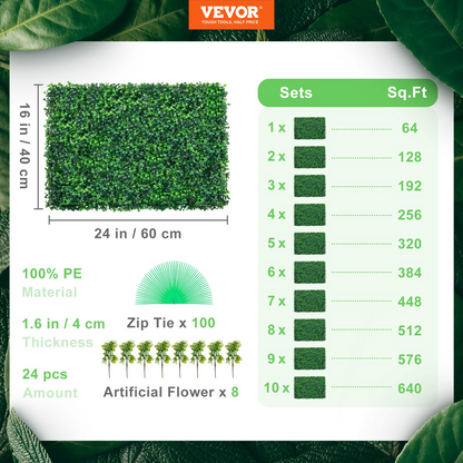 VEVOR Artificial Boxwood Panel UV 24pcs Boxwood Hedge Wall Panels Artificial Grass Backdrop Wall 24" X 16" 4 cm Green Grass Wall, Fake Hedge for Decor Privacy Fence Indoor, Outdoor Garden Backyard