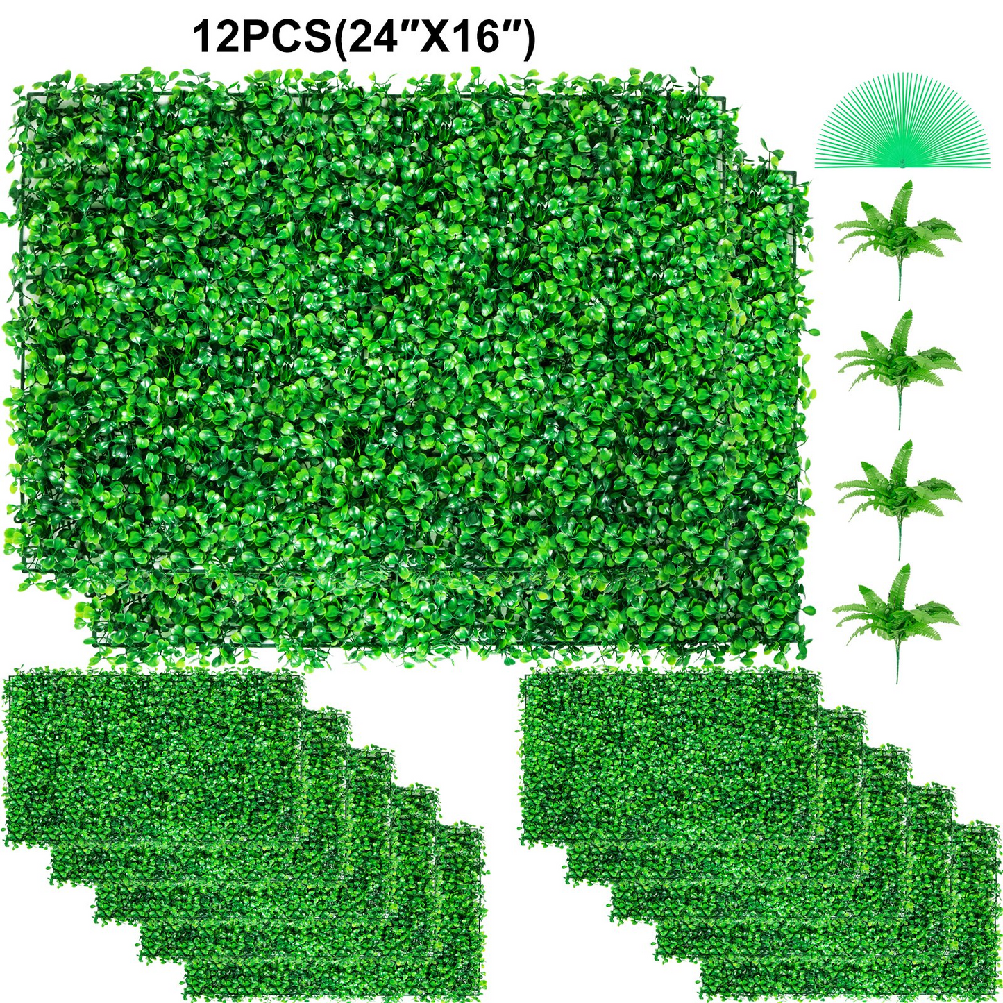 VEVOR 12PCS 24"x16" Grass Wall Panels for 32 SQ Feet, Boxwood Hedge Wall Panels, Artificial Grass Backdrop Wall 1.6", Privacy Hedge Screen UV Protected for Outdoor Indoor Garden Fence Backyard